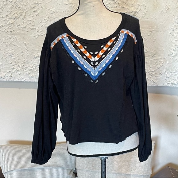 Free People Hand Me Down Embroidered Linen Blouse Cropped Top Black Sz S - Picture 2 of 9